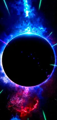 This phone live wallpaper features a stunning illustration of a black hole in the center of a galaxy with a large glowing moon, sourced from Shutterstock