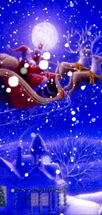 Get into the festive spirit with this stunning phone live wallpaper featuring Santa's sleigh flying over a winter wonderland town