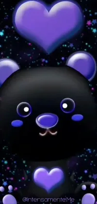 This phone live wallpaper features a stunning black bear with purple hearts
