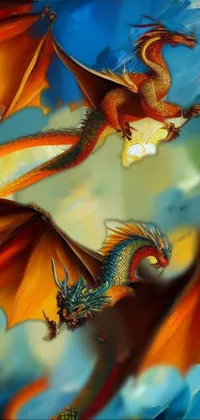 This is an exquisite phone wallpaper that features a stunning fantasy art piece of two dragons in flight