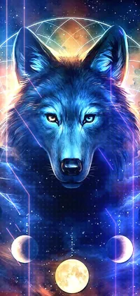 Looking for an exceptional phone wallpaper that captures the essence of nature's power and beauty? Look no further than this stunning live wallpaper of a wolf gazing fiercely into the camera amid a backdrop of moon phases and space art