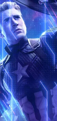 This phone live wallpaper depicts a digital art rendition of Captain America from the popular Avengers: Endgame film