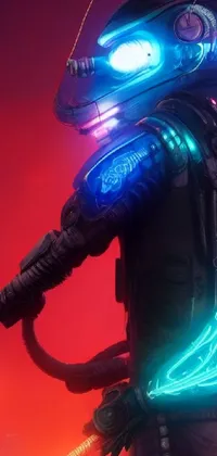 This phone live wallpaper showcases a stunning cyberpunk design that includes a vibrant close-up of a person wearing an advanced space suit
