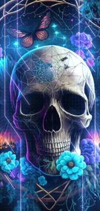 This live wallpaper for your phone features a stunning digital art design that showcases a skull and flowers against a black background