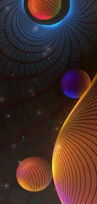 This digital live wallpaper features two balls positioned atop a table, surrounded by intricate illuminated lines with neon colors and a curving Fibonacci flow