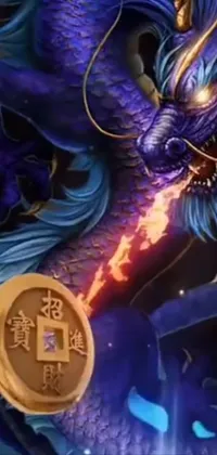 This blue dragon live wallpaper showcases a fierce dragon holding a golden coin in its mouth