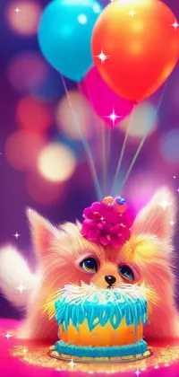 This wallpaper features a playful scene of a furry cat sitting in front of a cake, surrounded by colorful party balloons and a curious pomeranian dog