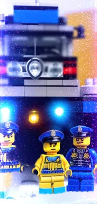 This phone live wallpaper depicts a captivating scene of three Lego police officers standing proudly in front of a police car