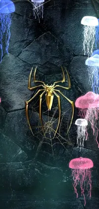 Get lost in the mysterious beauty of this live wallpaper depicting a bold spider on a rustic stone wall