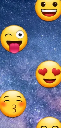 This live wallpaper for your phone showcases an array of colorful and playful smiley faces with different emotions, on a galaxy-themed background
