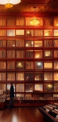 This library-themed live wallpaper for your phone features detailed matte painting with rows of wall-to-wall bookcases, lit internally by rows of windows