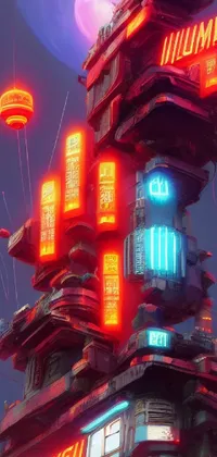 This live phone wallpaper features a towering structure with neon lights atop and a cyberpunk aesthetic