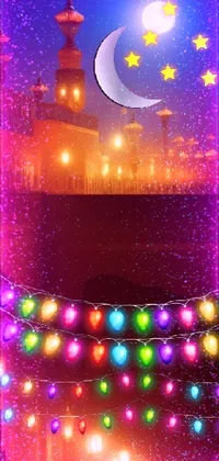 This lively live wallpaper features a colorful mosque adorned with lanterns and Christmas lights
