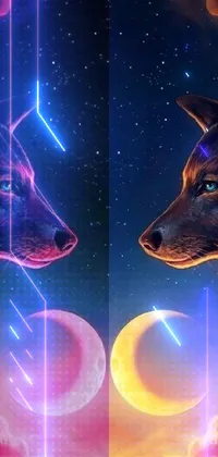 This digital wallpaper showcases two wolfs staring at each other with a full moon in the background