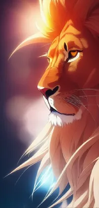 This phone live wallpaper showcases a striking close-up of a lion set against a sky background in vector art style