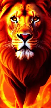 This phone live wallpaper features a breathtaking close-up of a lion set against a fiery red-orange background