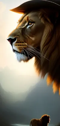 This phone live wallpaper showcases an impressive digital painting of a lion wearing a hat
