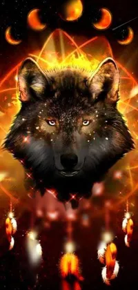 This phone live wallpaper features a stunning digital rendering of a wolf resting peacefully with a dream catcher