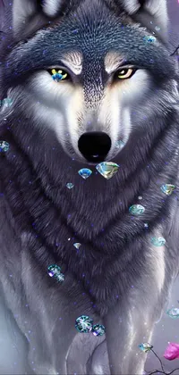 This live wallpaper depicts a beautiful wolf walking amongst a field of pink roses