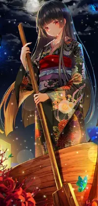 This live wallpaper features a mesmerizing scene of a woman in a traditional Japanese kimono standing on a boat during a summer festival night