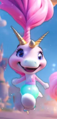 This phone live wallpaper features a colorful and joyful cartoon character riding a unicorn