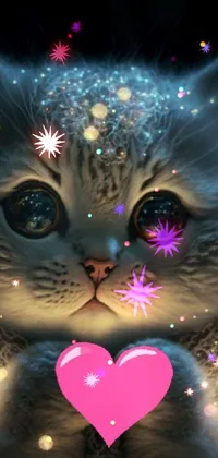 This phone live wallpaper features charming digital art of a Scottish Fold cat with heart marking on its chest