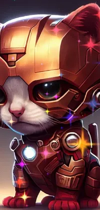 This phone wallpaper features an adorable close-up of a cat wearing a metallic-looking helmet with red accents and a silver visor