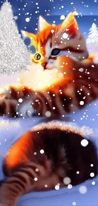 Get into the festive spirit with this beautiful live wallpaper for your phone! Featuring a furry cat cuddled up in the snow next to a Christmas tree, this digital painting captures the essence of winter warmth