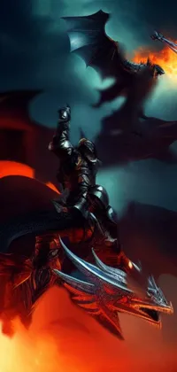 This live wallpaper for phones features a dragon carrying two people on its back, with a large sword and an evil knight in sight