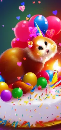 This mobile live wallpaper displays a hamster sitting atop a birthday cake with animated features