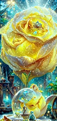 This exquisite live phone wallpaper features a breathtaking yellow rose resting on a table within a bustling, magical town
