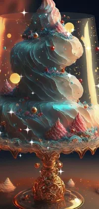This phone live wallpaper displays a mouth-watering cake-in-a-glass that sits on a table, paired with a tantalizing ice cream cone, set within a fantasy art concept