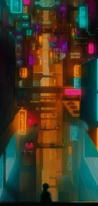This amazing live wallpaper features a cyberpunk-inspired scene of a city skyline at night from a bottom view