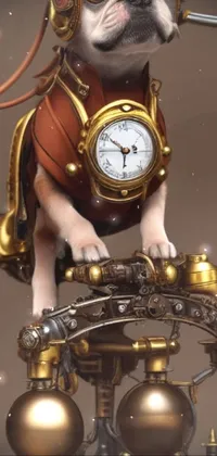 Experience an enchanting live wallpaper for your phone featuring an adorable dog sitting atop a vintage clock mounted on a steampunk motorcycle