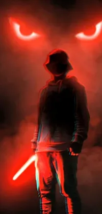This phone live wallpaper features a striking digital art creation of a man standing with an iconic red light saber