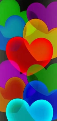 This romantic phone wallpaper features heart shaped balloons in shades of green, blue and red, gently floating in the air