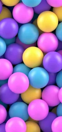 Enjoy a colorful and playful live wallpaper for your phone featuring a bunch colorful eggs in a ball pit! The eggs are arranged on top of each other and depicted in various shades of pastel with unique designs, while purple, pink, and blue neon colors whirl around them creating a mesmerizing effect