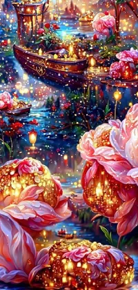 Transform your phone's home screen into a beautiful fantasy world with this intricate 4k live wallpaper depicting a serene lake with an enchanting boat and stunning peonies