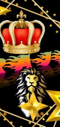 This <a href="/">phone wallpaper</a> features digital art showcasing a majestic lion with a crown, set against a black background