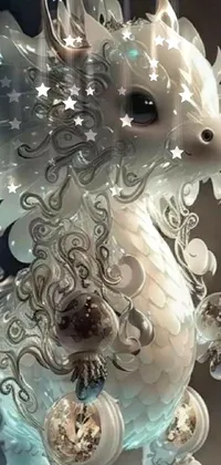 This phone live wallpaper features a stunning digital art sculpture of a dragon rendered in isometric 3D with intricate white fractals creating an enchanting and unique effect