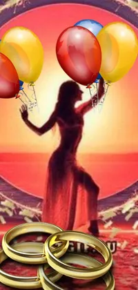 This live phone wallpaper showcases a surreal image of a woman holding colorful balloons