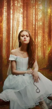 This stunning digital art live wallpaper features a sad looking woman in a flowing white dress sitting on a log in the forest