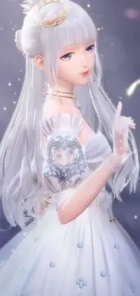 This stunning phone live wallpaper features a cute anime girl with long white hair wearing a lovely white dress