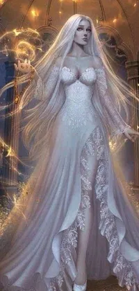 This live wallpaper features a beautiful white wedding dress set against an intricate wiccan scene