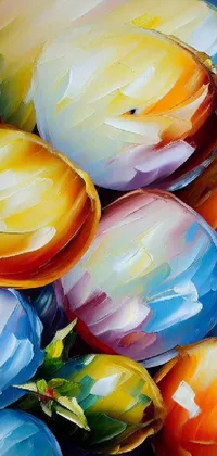 This Easter eggs live phone wallpaper boasts a beautiful oil painting of colorful eggs on a table