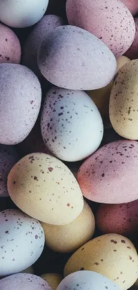 This phone live wallpaper captures a whimsical image of pile speckled eggs in candy pastel hues, giving it a charming, playful feel