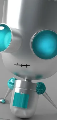 This phone live wallpaper depicts a shimmery silver robot with striking blue eyes and a computer mouse