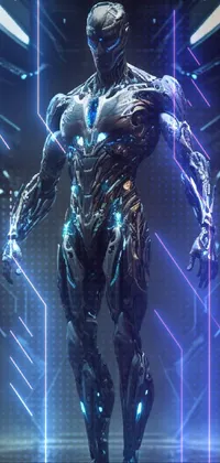 Get this amazing live wallpaper featuring a man in a silver cyber armor shining in the dark, with an otherworldly blue face under an 8k render technology, making the details shine through
