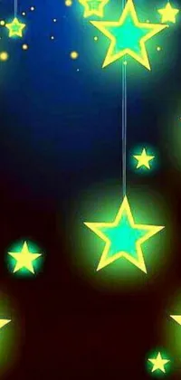 This trendy phone live wallpaper features green stars hanging from strings in a Hurufiyya-inspired design aesthetic
