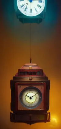 This live wallpaper for your phone features a clock with a night-light effect hanging from an old-timey building